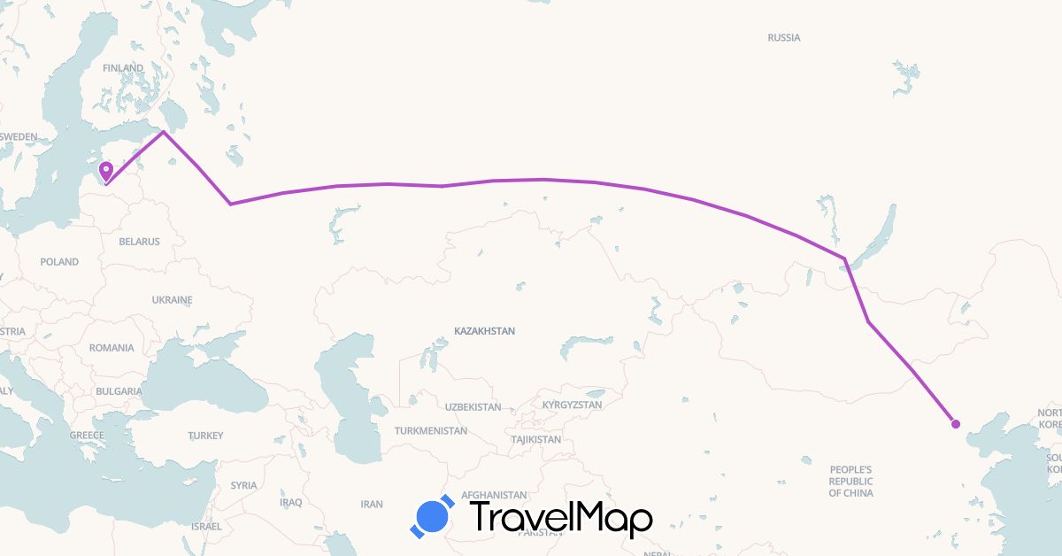 TravelMap itinerary: driving, train in China, Latvia, Mongolia, Russia (Asia, Europe)