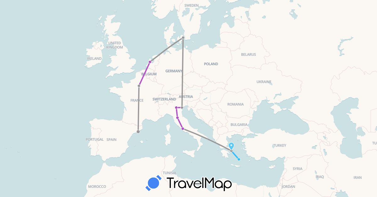 TravelMap itinerary: driving, plane, train, boat in Denmark, Spain, France, Greece, Italy, Netherlands (Europe)