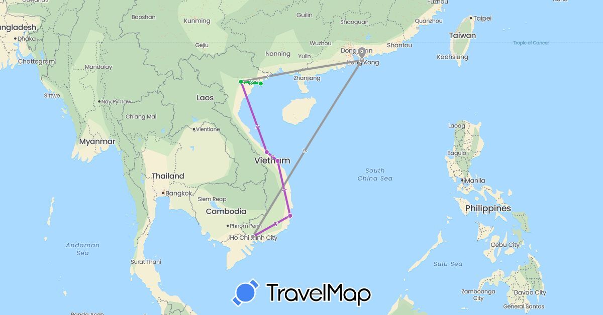 TravelMap itinerary: driving, bus, plane, train in Hong Kong, Vietnam (Asia)